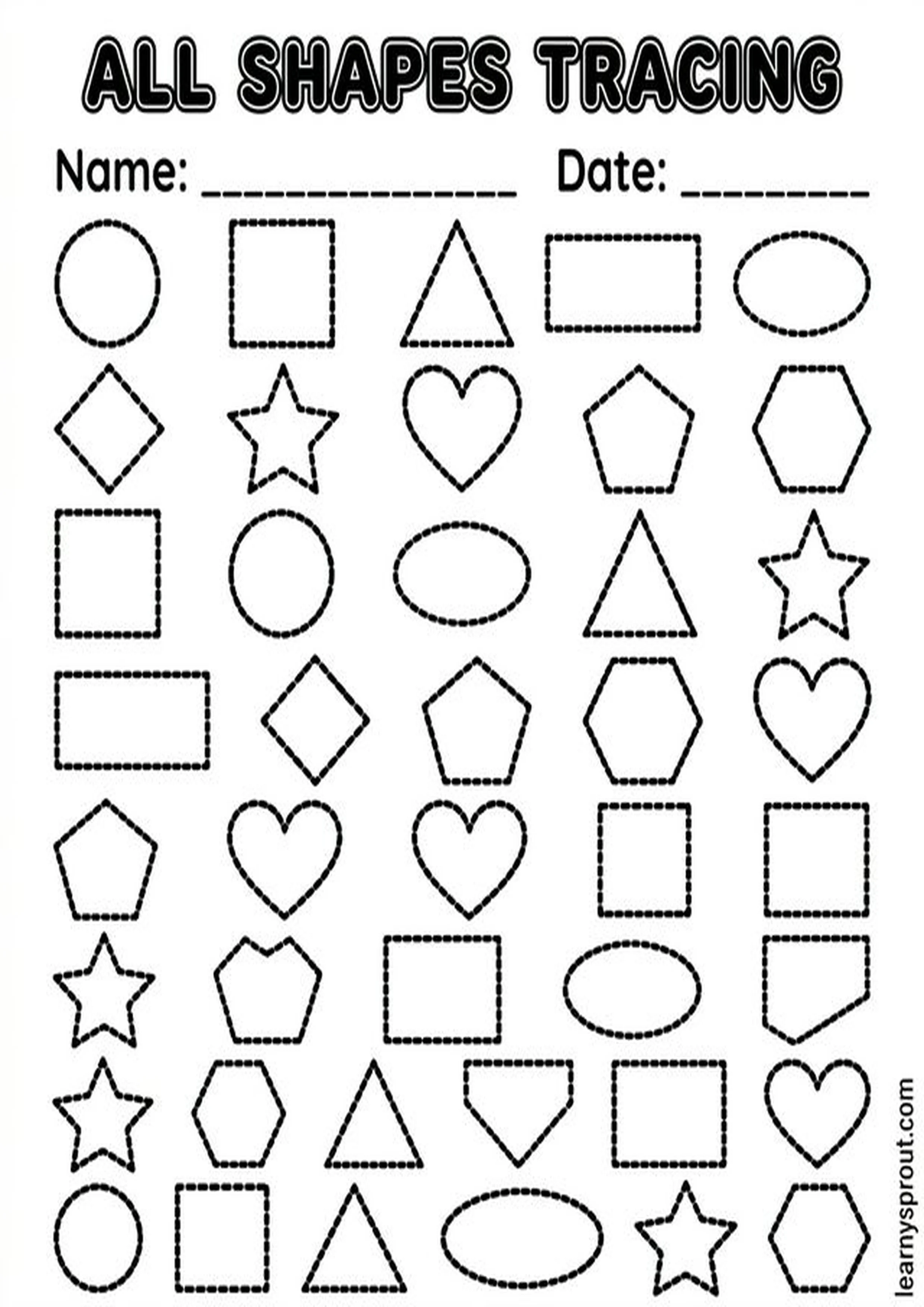 Free printable All Shapes Tracing — Mixed Practice tracing practice worksheet - LearnySprout