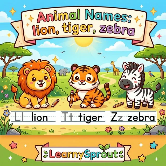 Animal Names: lion, tiger, zebra Tracing