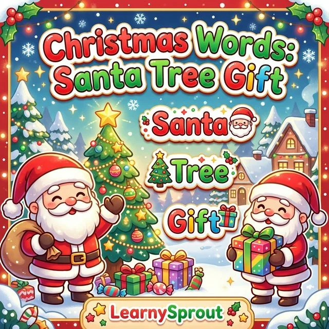Christmas Words Tracing — Santa, Tree, Gift