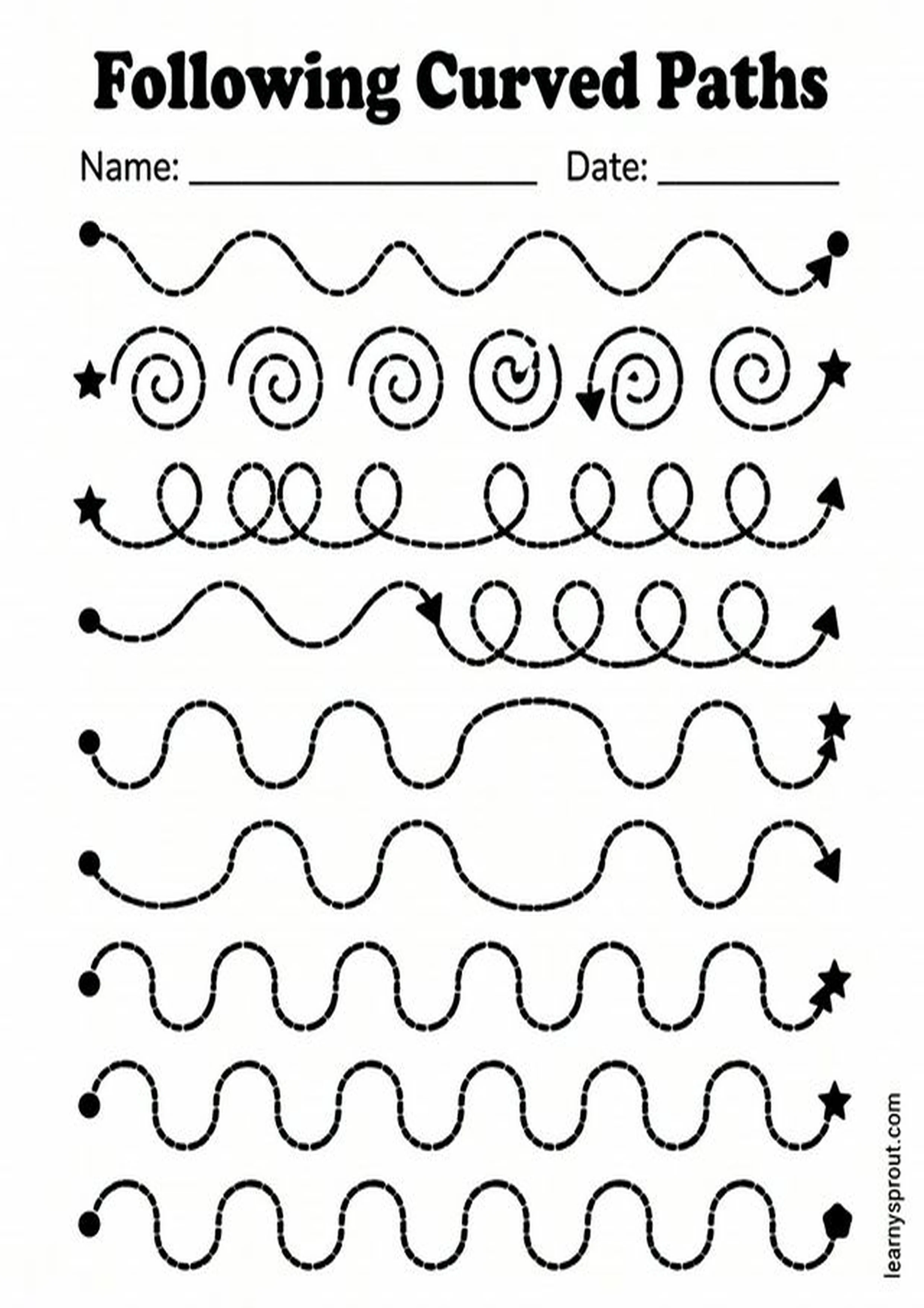 Free printable Fine Motor — Following Curved Paths tracing practice worksheet - LearnySprout