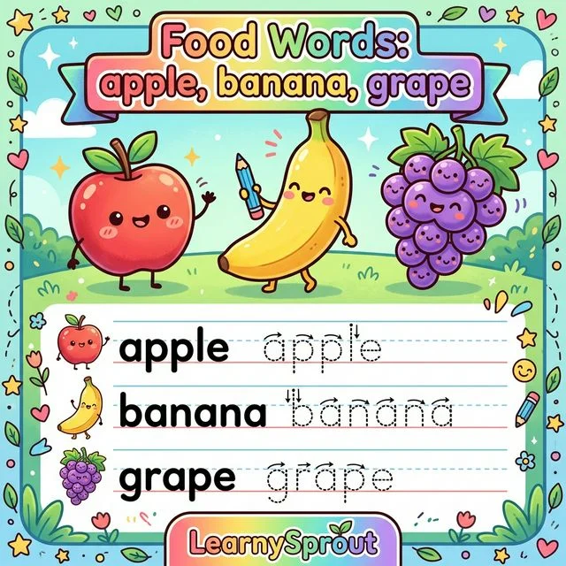Food Words: apple, banana, grape Tracing