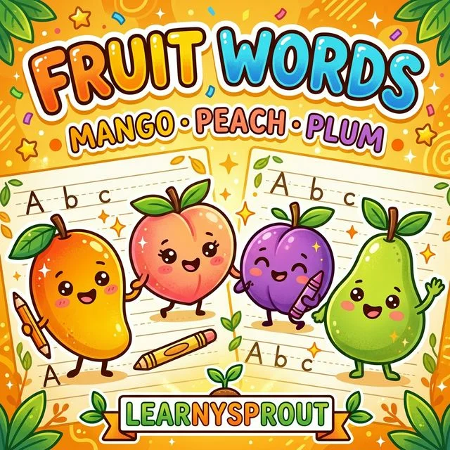 Fruit Words Tracing — Mango, Peach, Plum