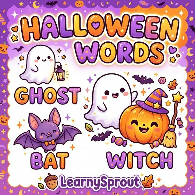 Halloween Words Tracing — Ghost, Bat, Witch
