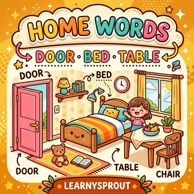 Home Words Tracing — Door, Bed, Table