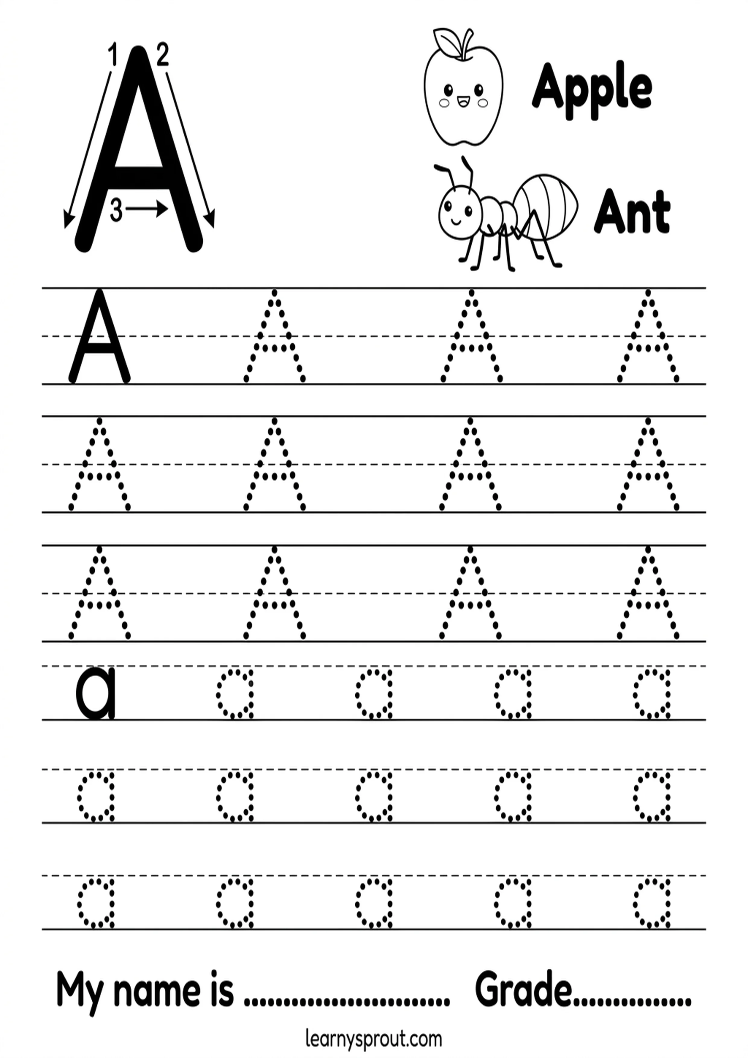 Free printable Letter A Tracing — Uppercase and Lowercase tracing practice worksheet - LearnySprout
