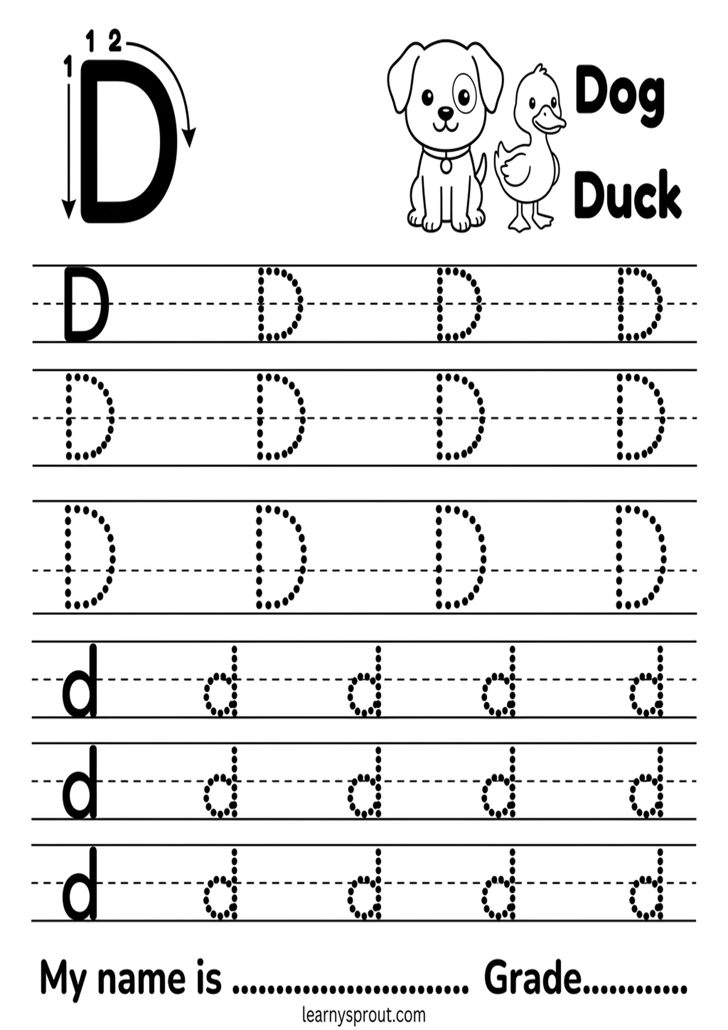 Free printable Letter D Tracing — Uppercase and Lowercase tracing practice worksheet - LearnySprout