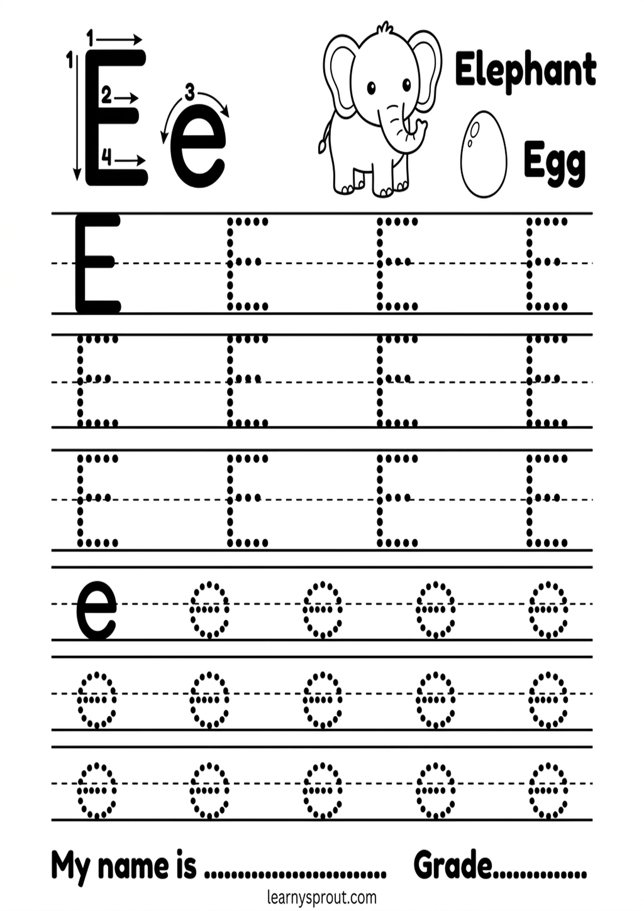 Free printable Letter E Tracing — Uppercase and Lowercase tracing practice worksheet - LearnySprout