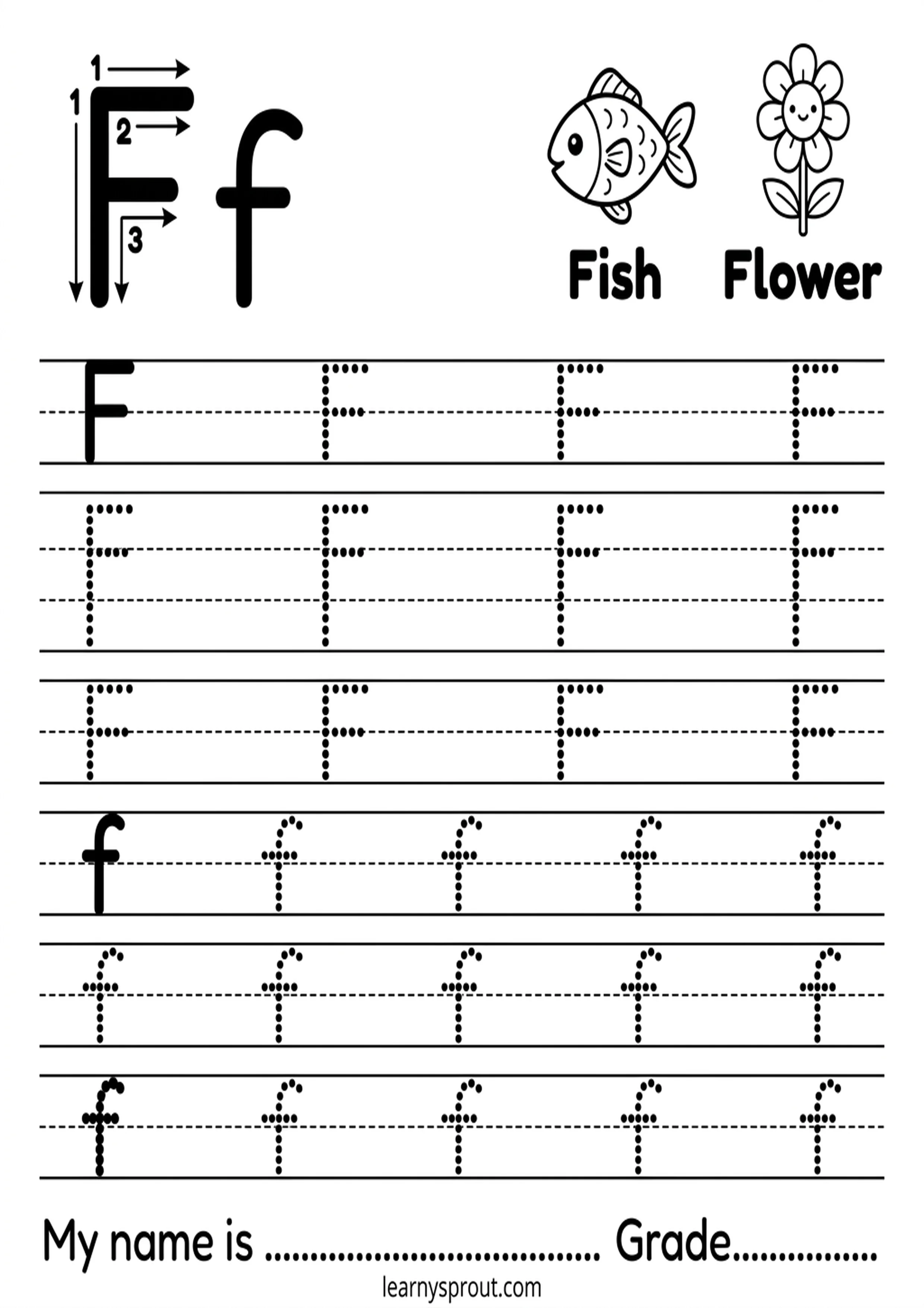 Free printable Letter F Tracing — Uppercase and Lowercase tracing practice worksheet - LearnySprout