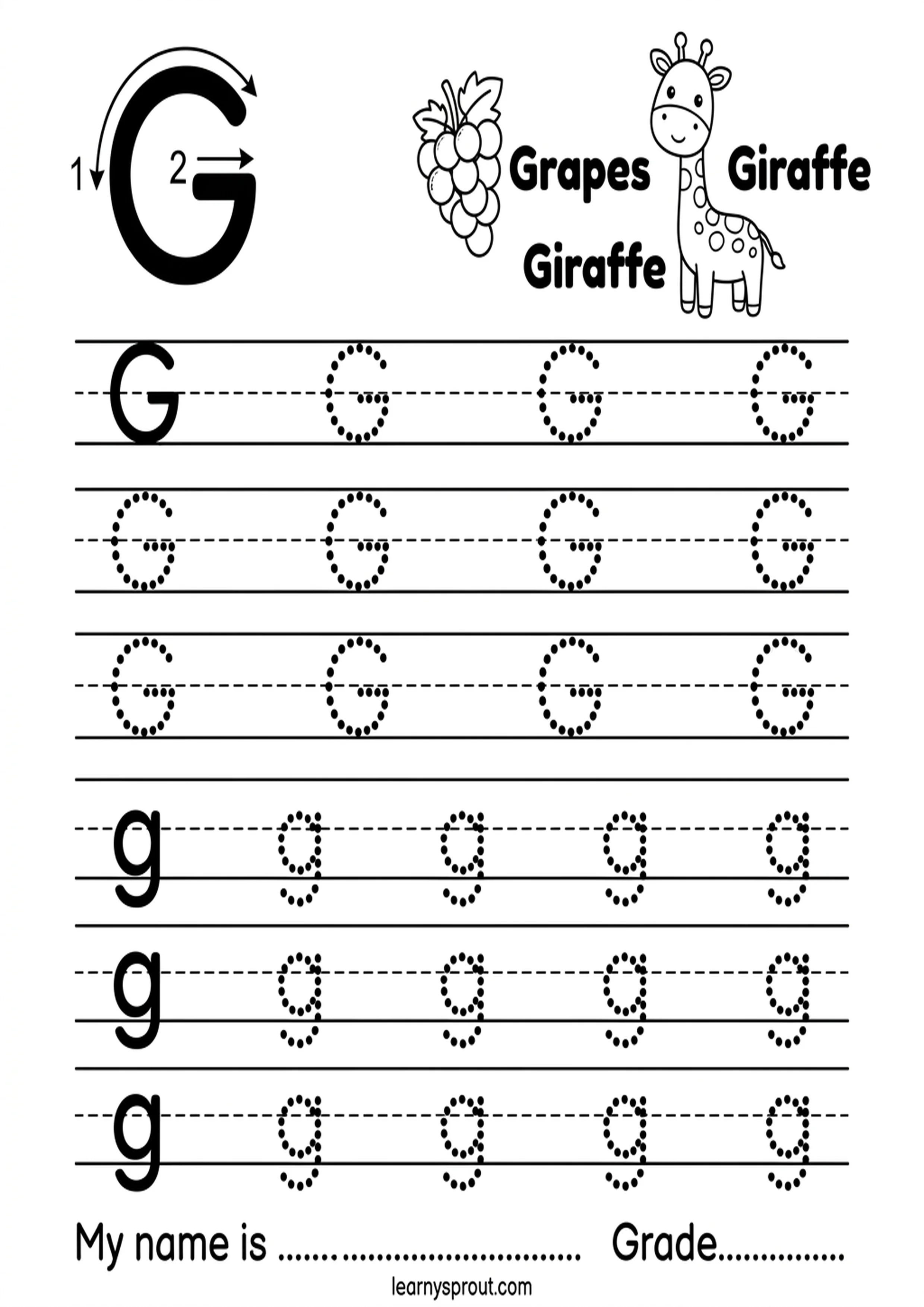 Free printable Letter G Tracing — Uppercase and Lowercase tracing practice worksheet - LearnySprout