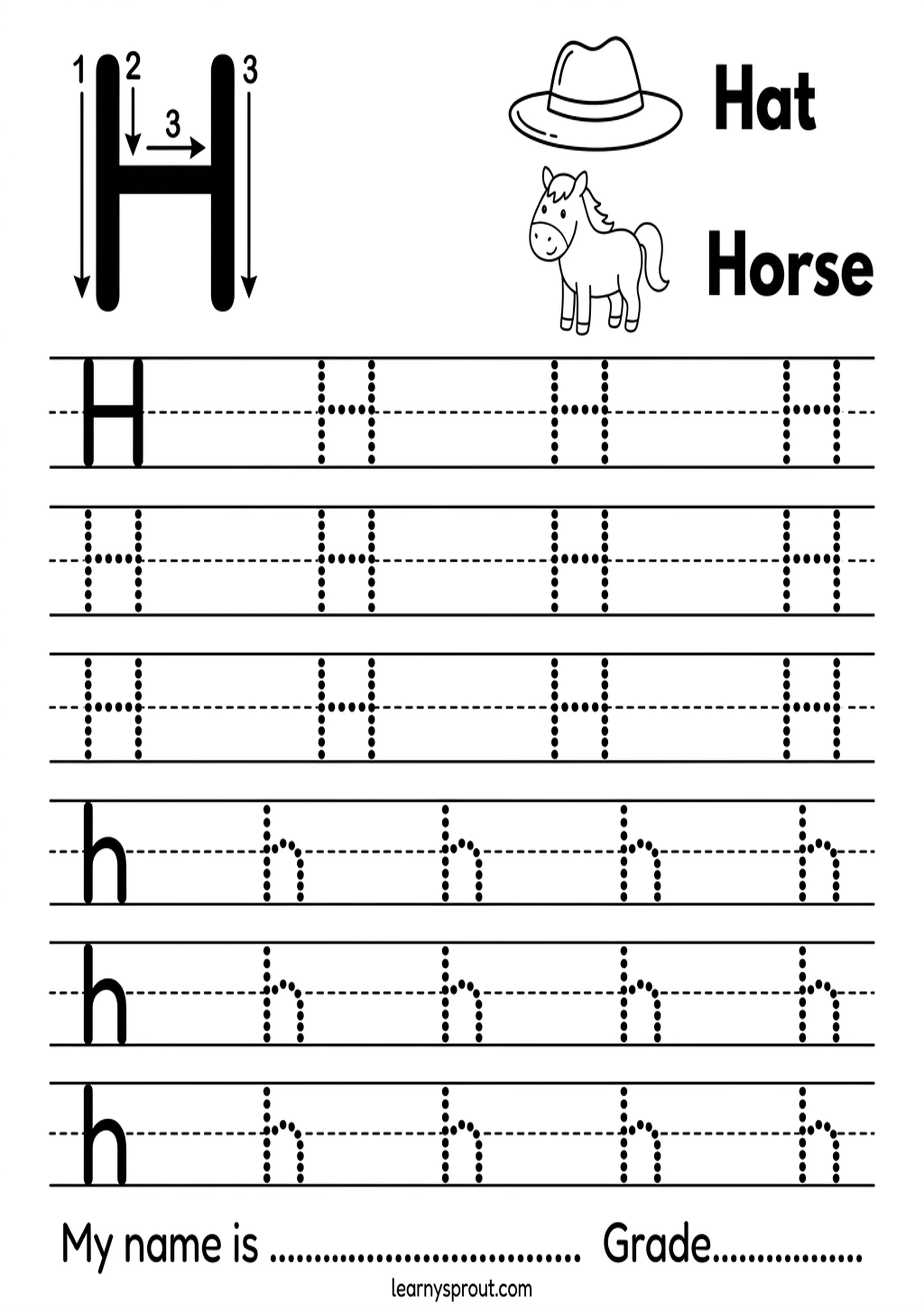 Free printable Letter H Tracing — Uppercase and Lowercase tracing practice worksheet - LearnySprout