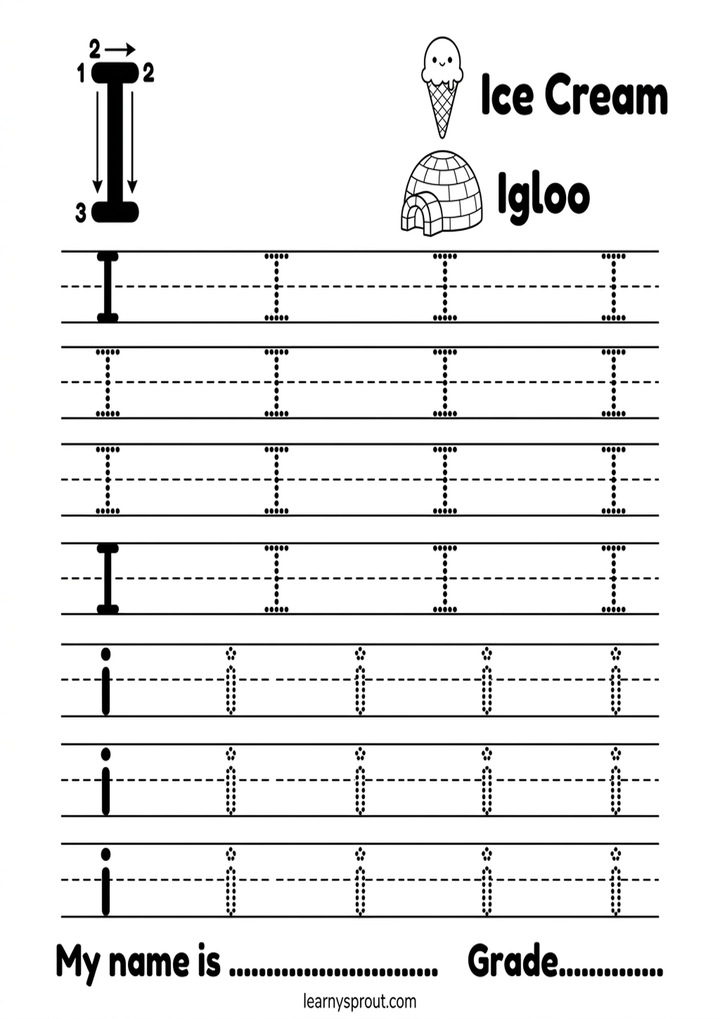 Free printable Letter I Tracing — Uppercase and Lowercase tracing practice worksheet - LearnySprout