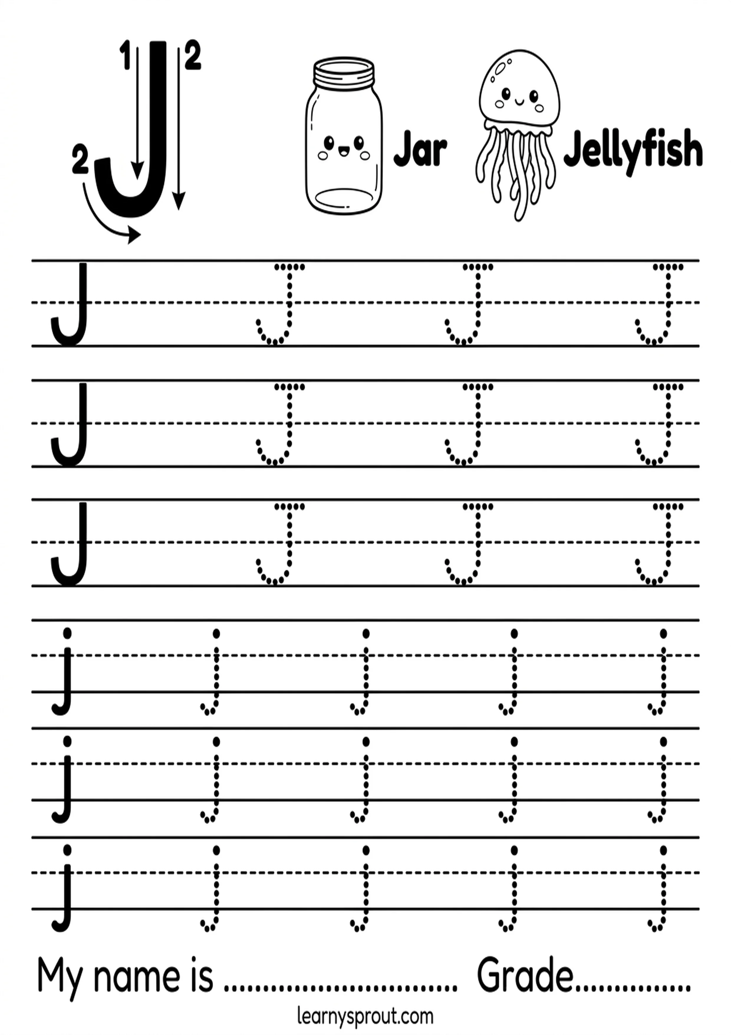 Free printable Letter J Tracing — Uppercase and Lowercase tracing practice worksheet - LearnySprout