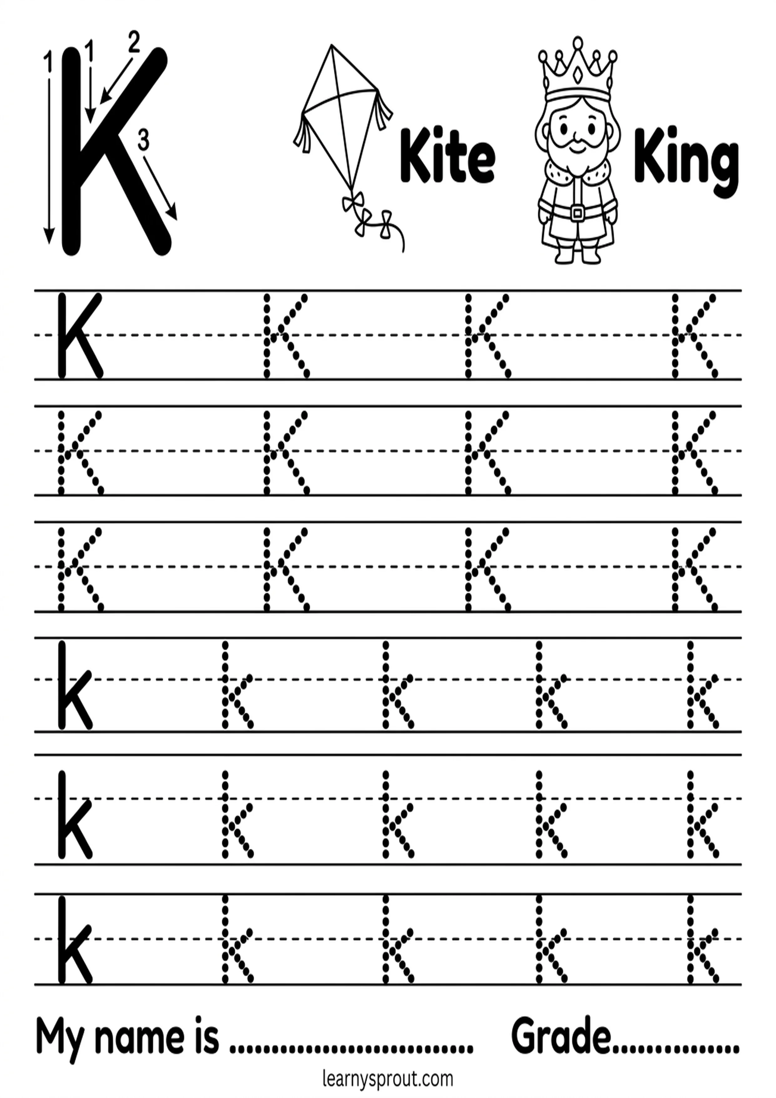 Free printable Letter K Tracing — Uppercase and Lowercase tracing practice worksheet - LearnySprout