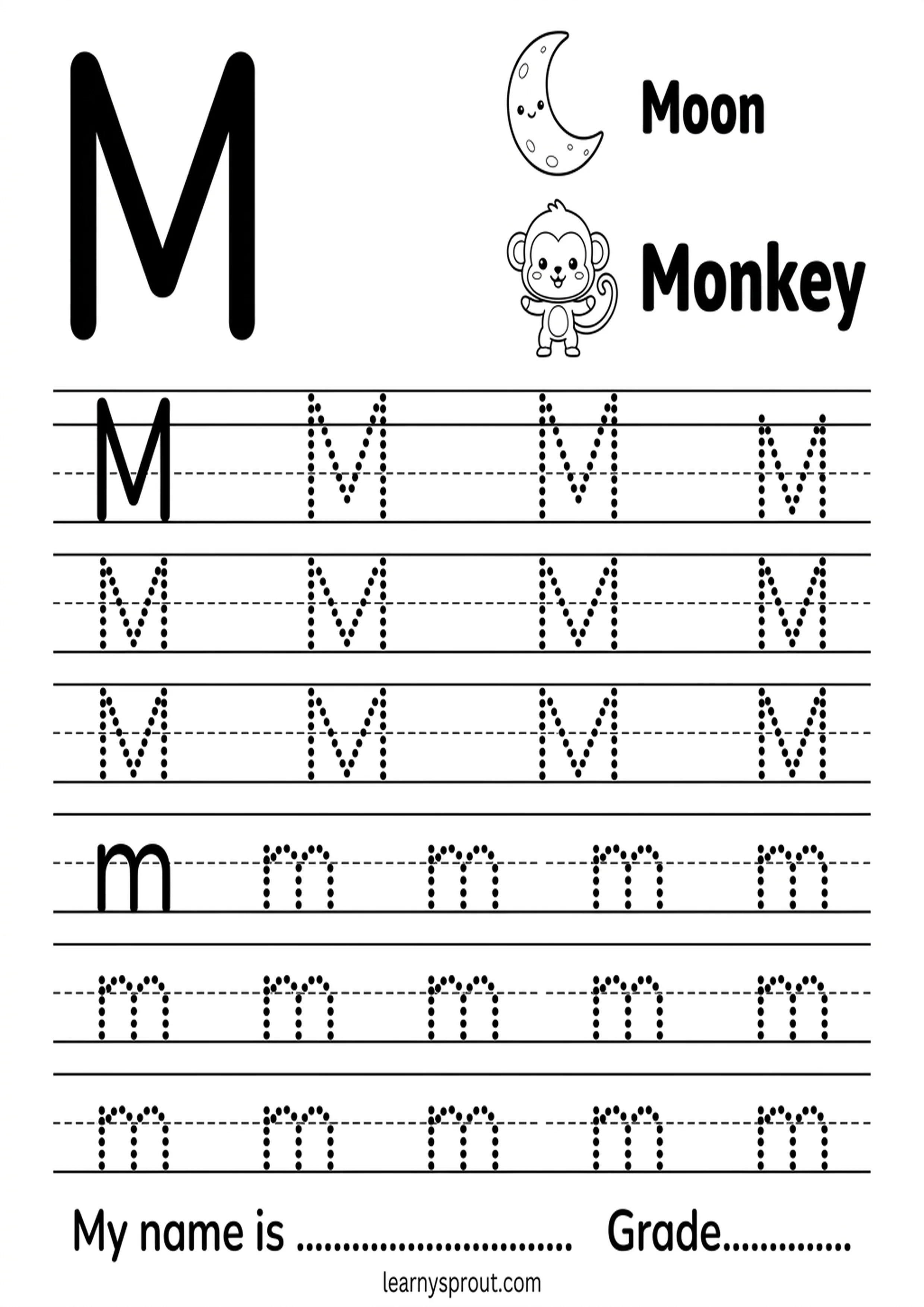 Free printable Letter M Tracing — Uppercase and Lowercase tracing practice worksheet - LearnySprout