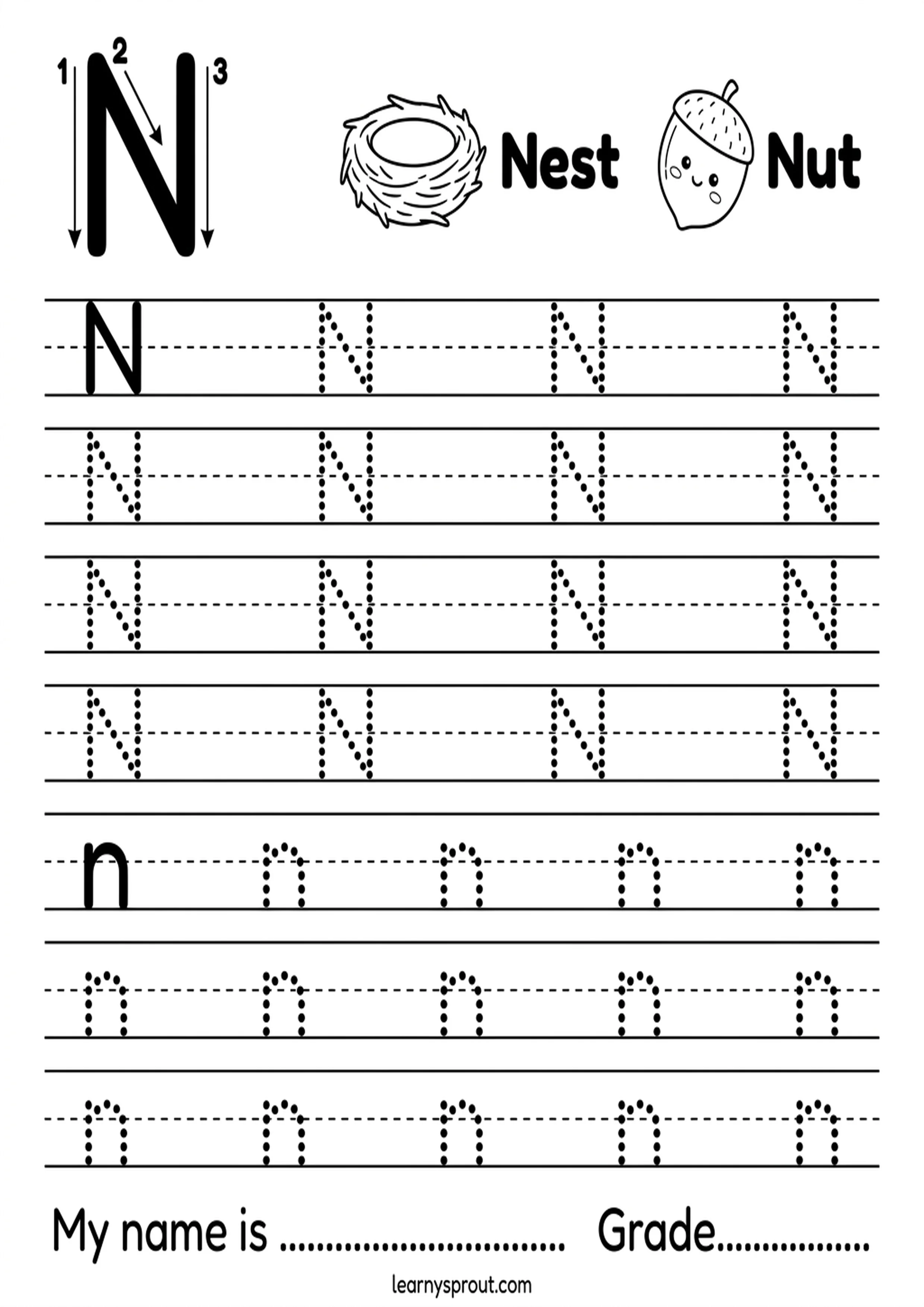 Free printable Letter N Tracing — Uppercase and Lowercase tracing practice worksheet - LearnySprout