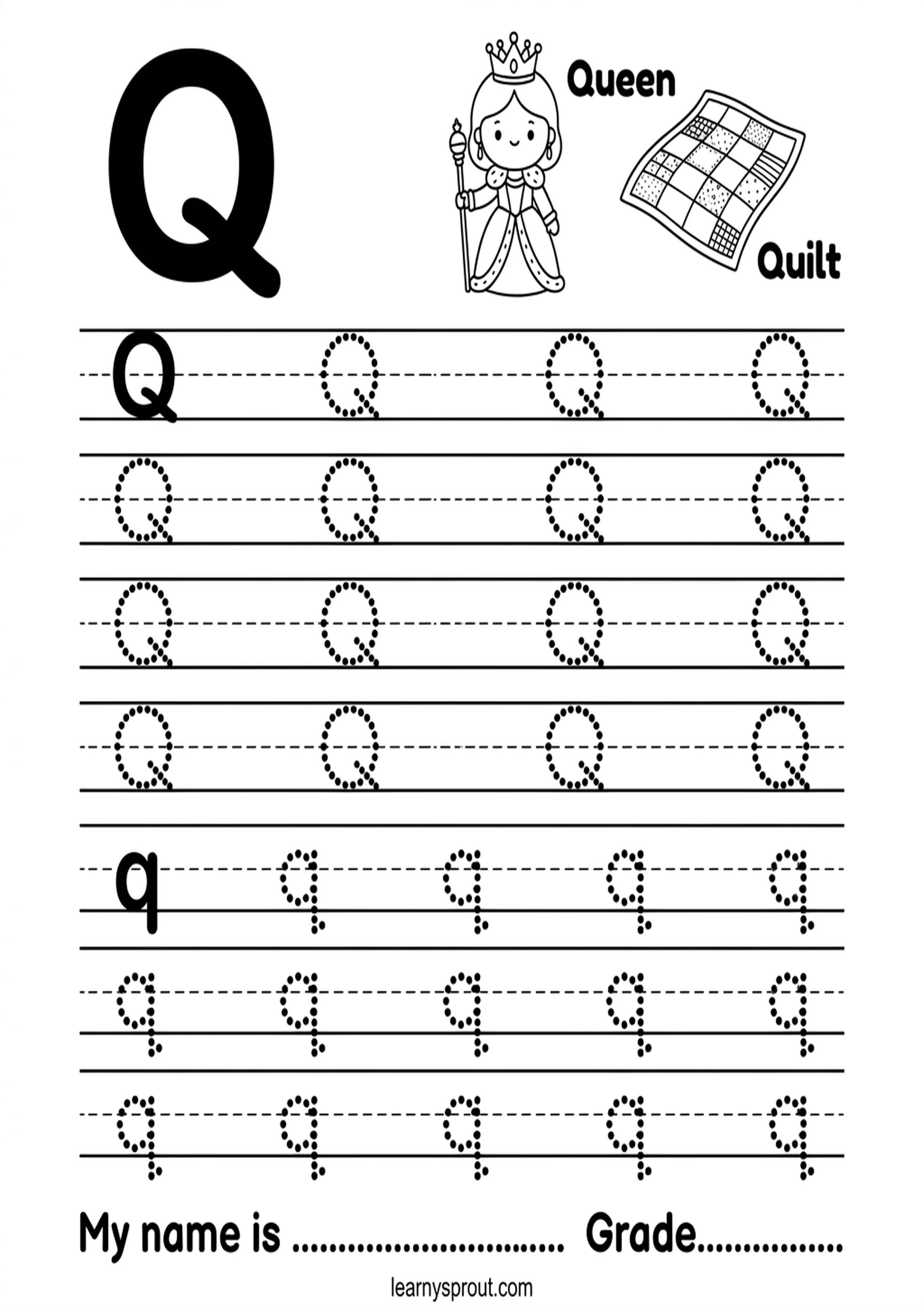 Free printable Letter Q Tracing — Uppercase and Lowercase tracing practice worksheet - LearnySprout