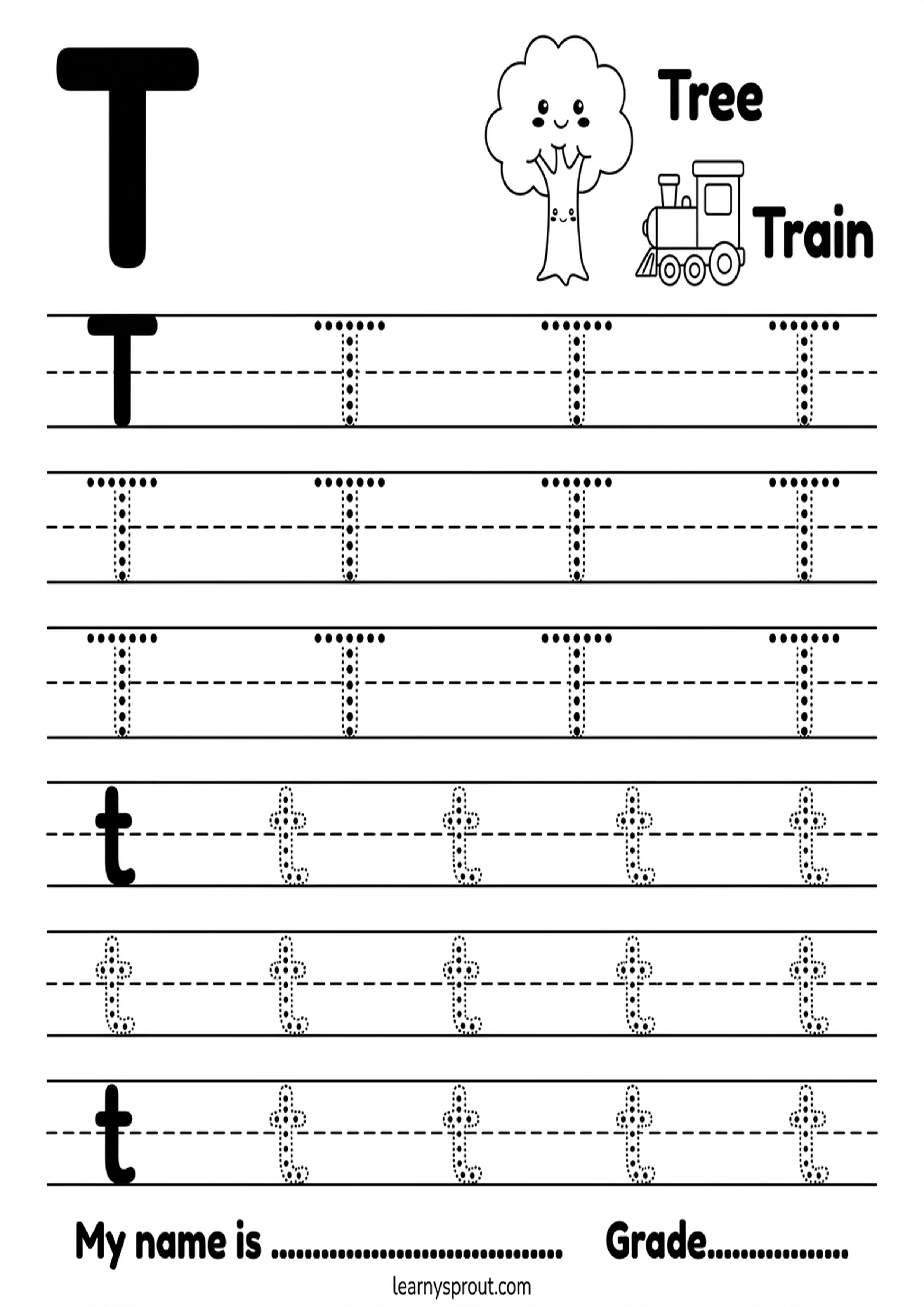 Free printable Letter T Tracing — Uppercase and Lowercase tracing practice worksheet - LearnySprout