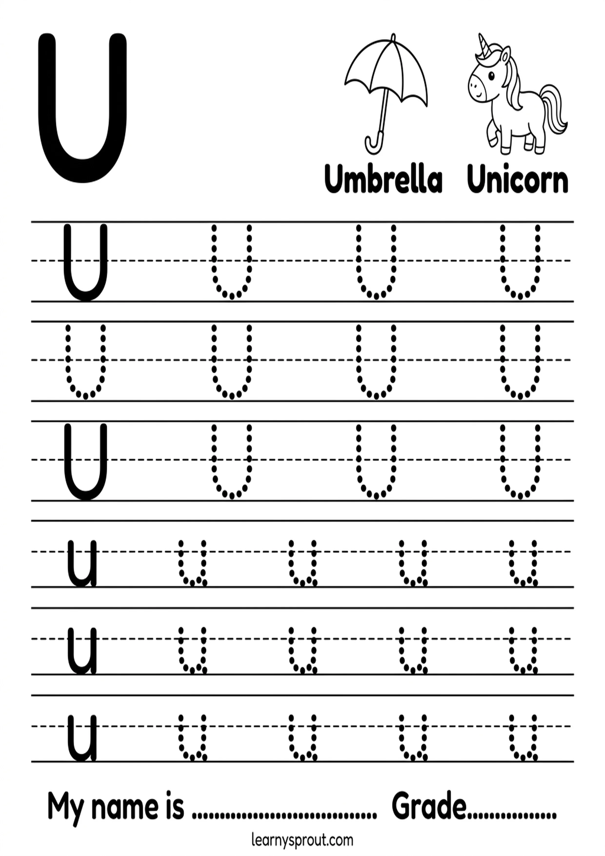 Free printable Letter U Tracing — Uppercase and Lowercase tracing practice worksheet - LearnySprout