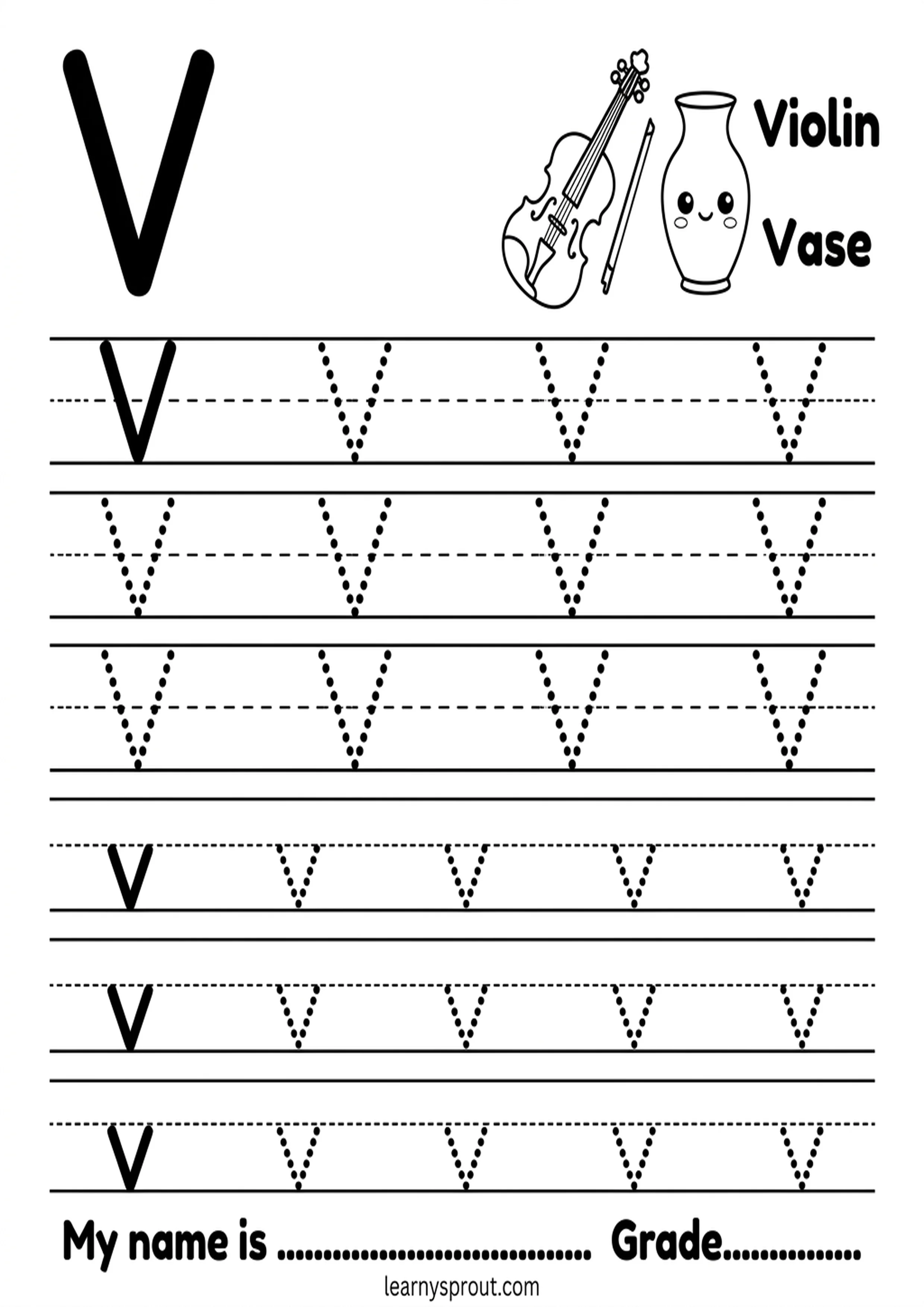 Free printable Letter V Tracing — Uppercase and Lowercase tracing practice worksheet - LearnySprout