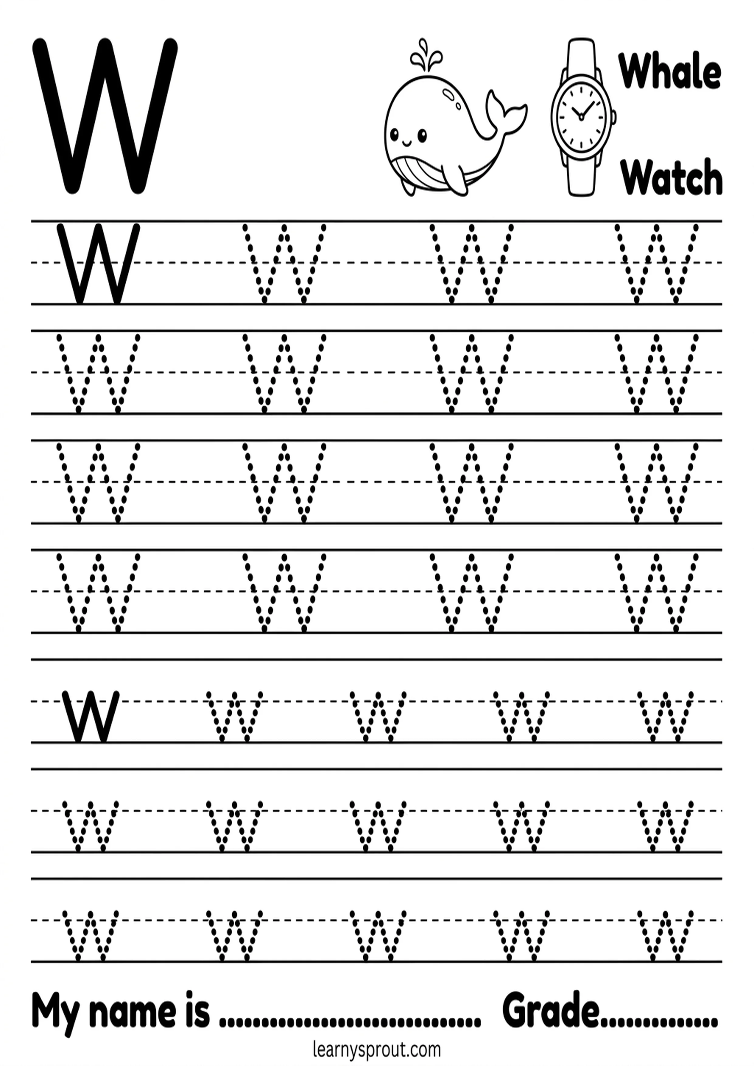 Free printable Letter W Tracing — Uppercase and Lowercase tracing practice worksheet - LearnySprout