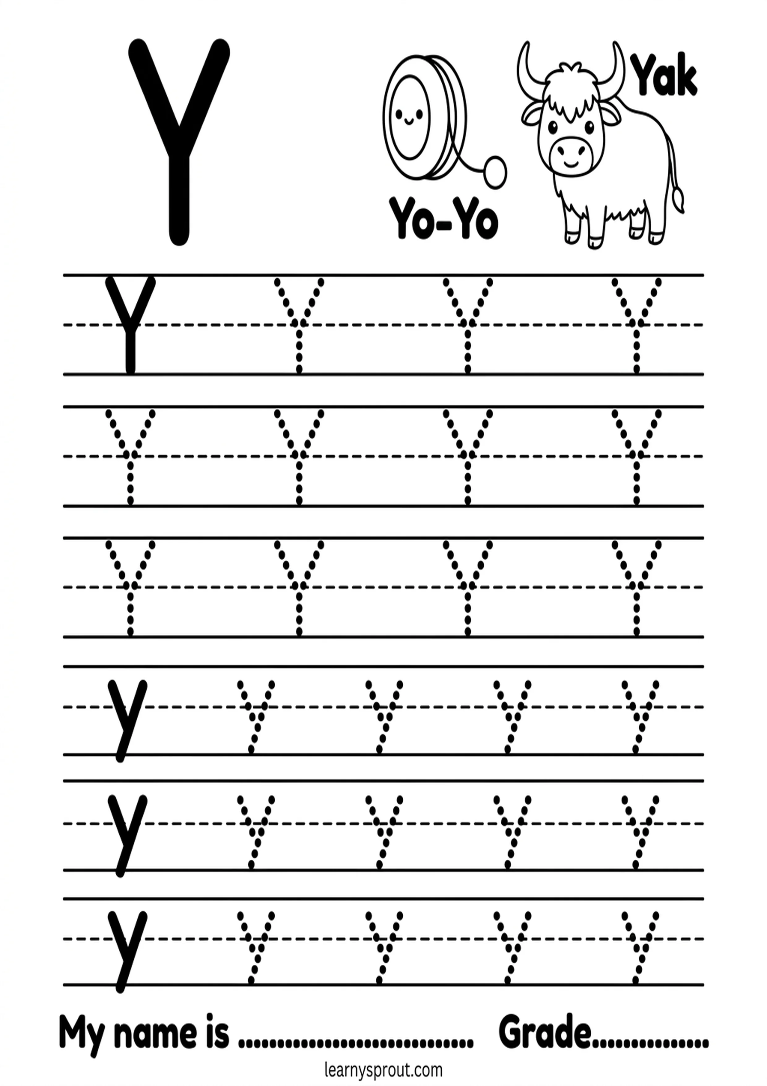 Free printable Letter Y Tracing — Uppercase and Lowercase tracing practice worksheet - LearnySprout