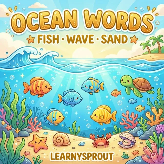 Ocean Words Tracing — Fish, Wave, Sand