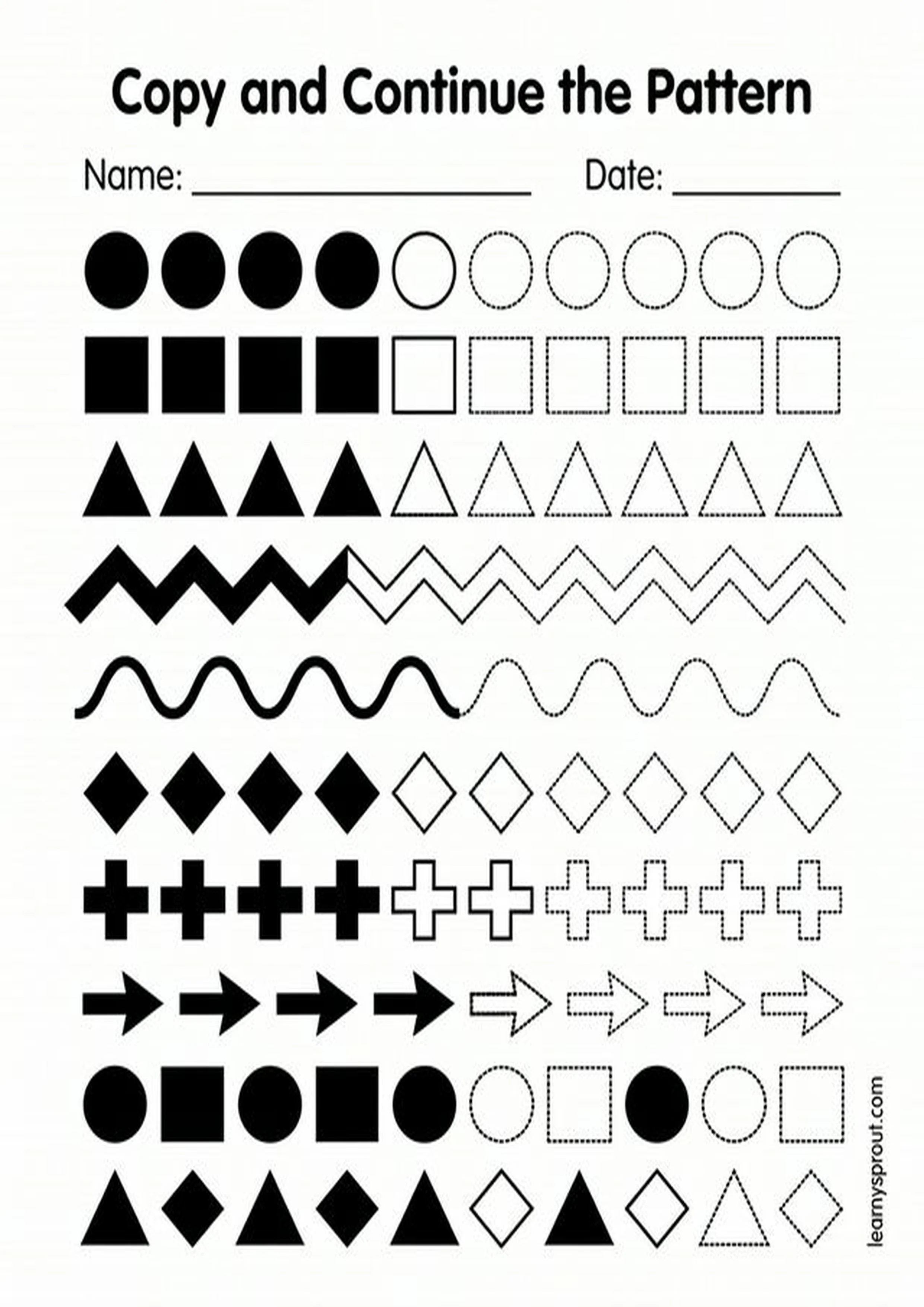 Free printable Pencil Control — Copy and Continue Patterns tracing practice worksheet - LearnySprout