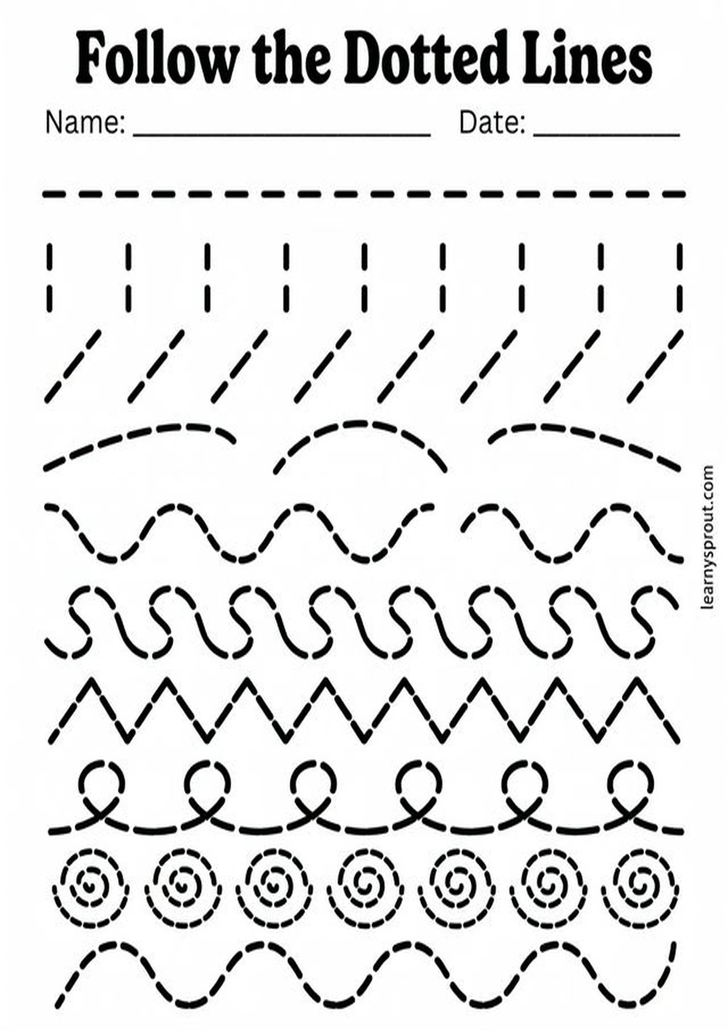 Free printable Pencil Control — Follow the Dotted Lines tracing practice worksheet - LearnySprout