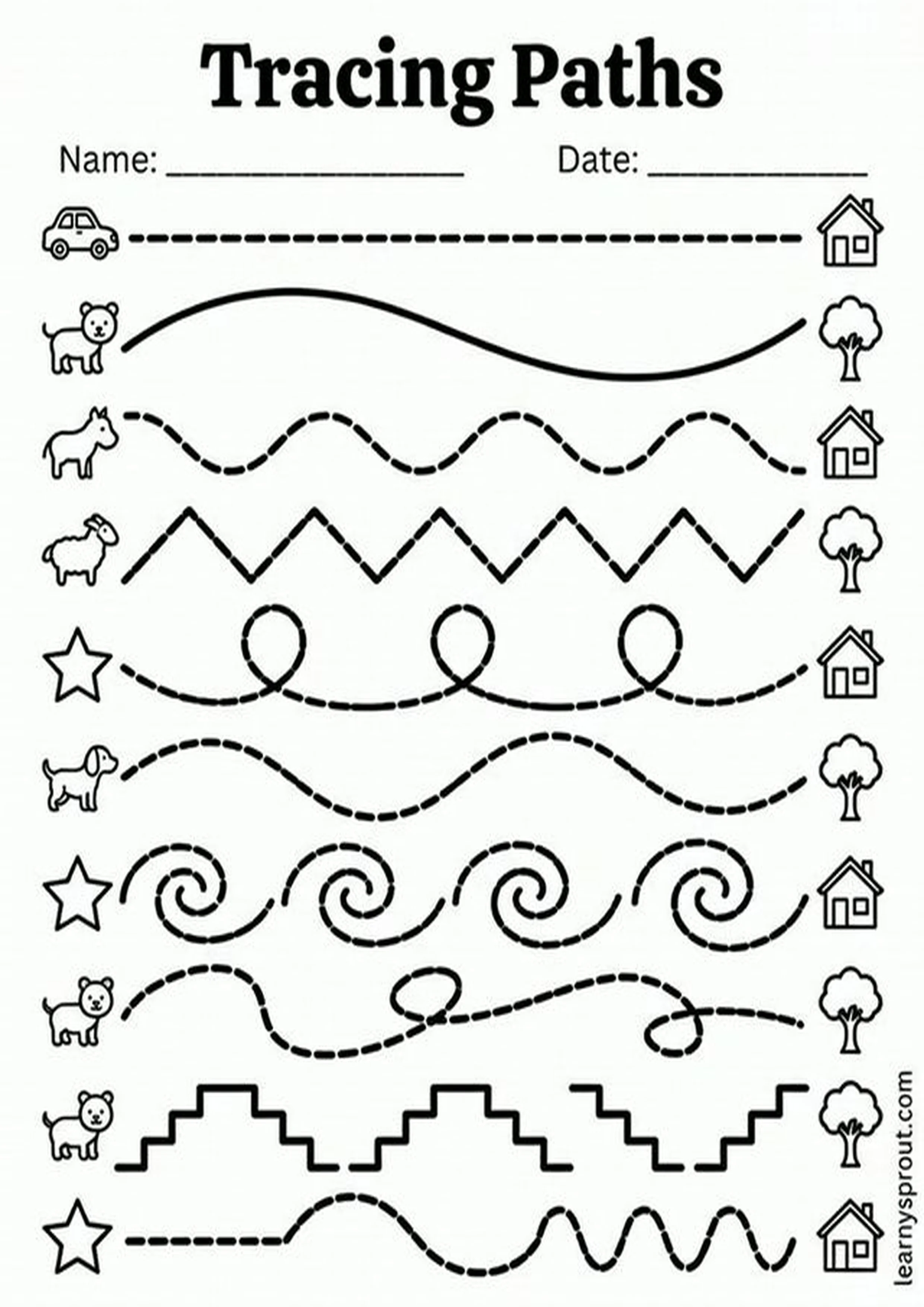 Free printable Pencil Control Tracing — Path Following tracing practice worksheet - LearnySprout