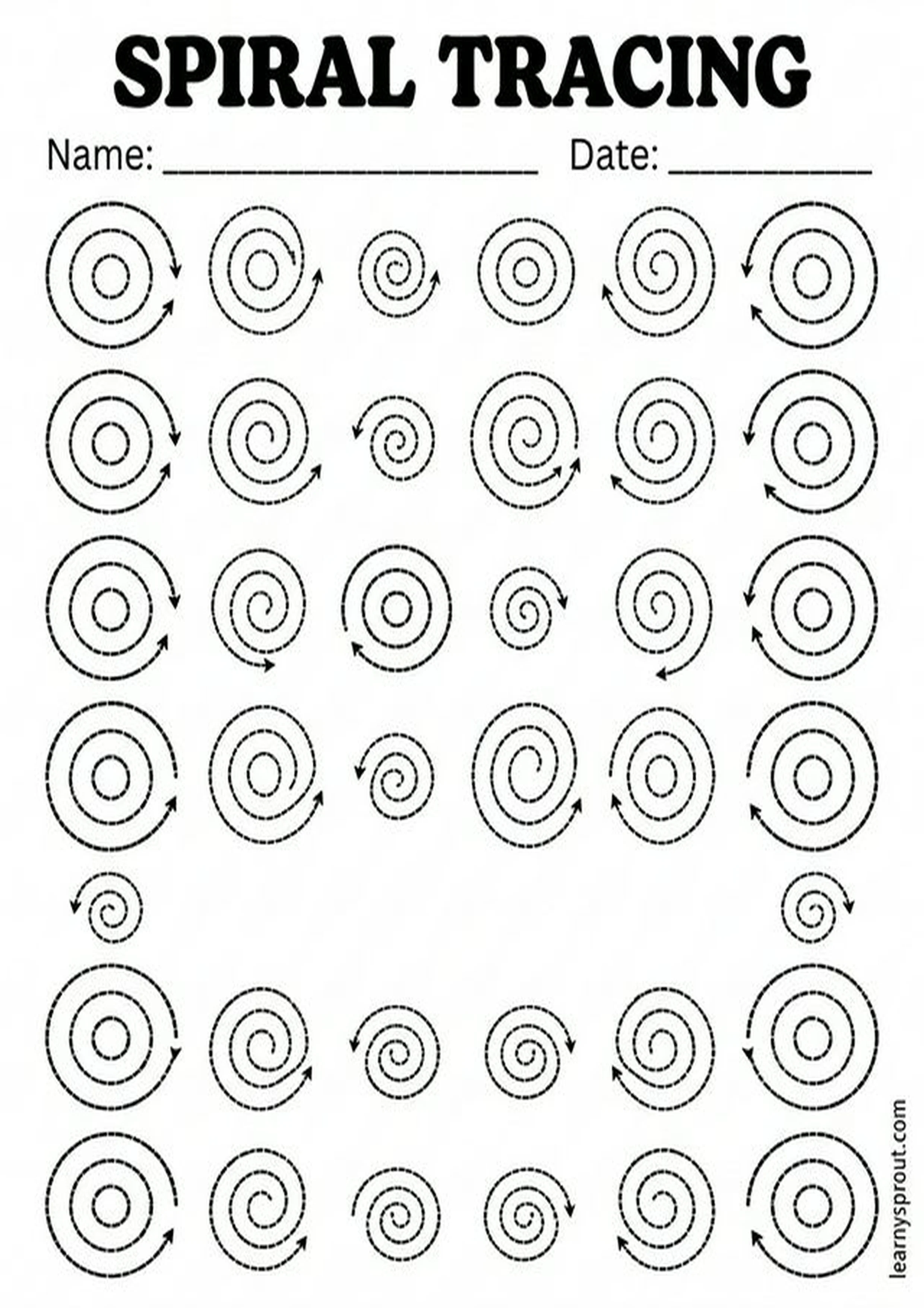 Free printable Pencil Control — Spiral Tracing tracing practice worksheet - LearnySprout
