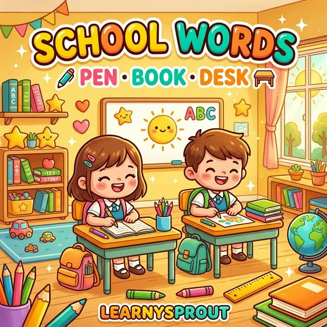 School Words Tracing — Pen, Book, Desk