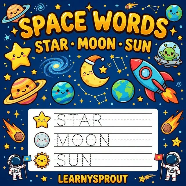 Space Words Tracing — Star, Moon, Rocket