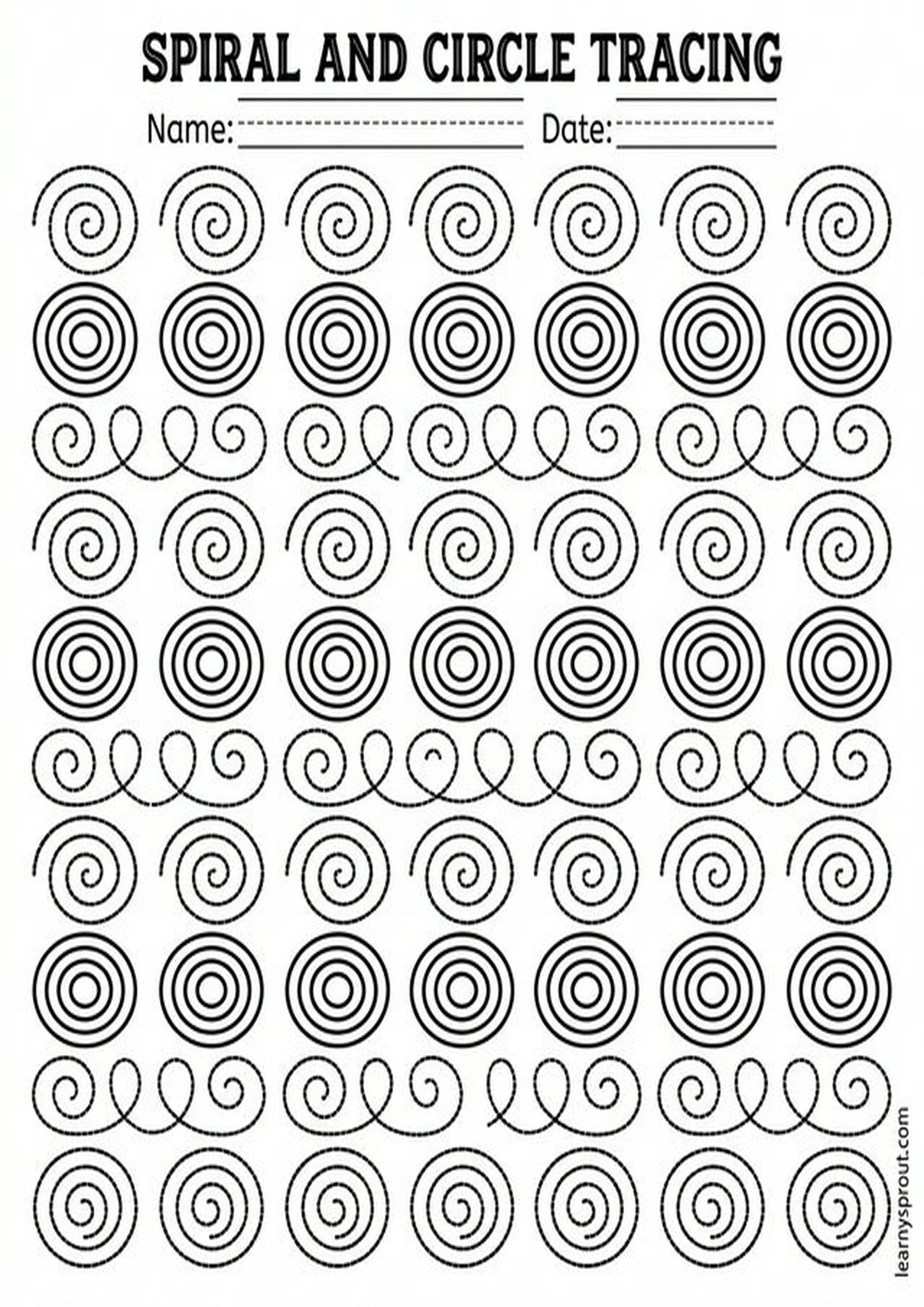 Free printable Spiral Lines Tracing — Circles and Swirls tracing practice worksheet - LearnySprout