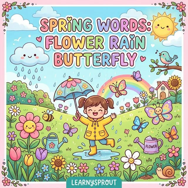 Spring Words Tracing — Flower, Rain, Butterfly