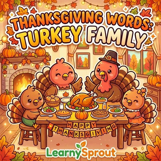 Thanksgiving Words Tracing — Turkey, Family, Thankful