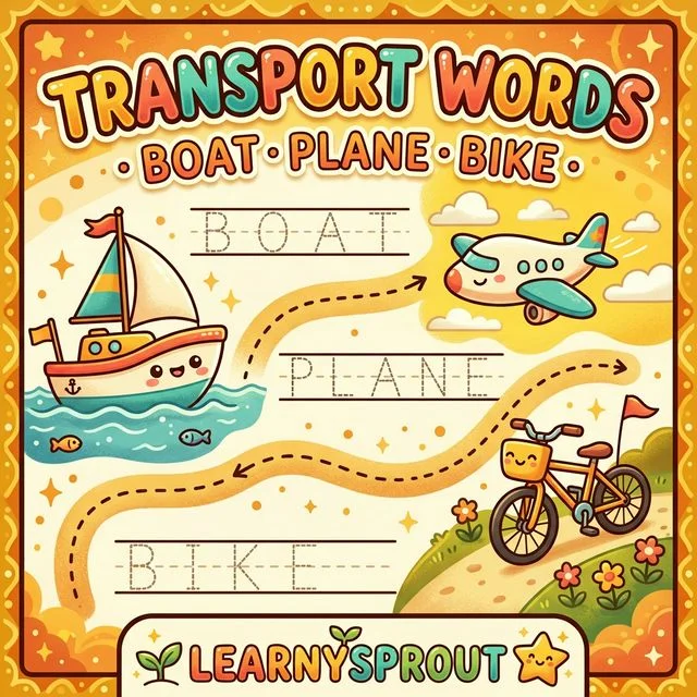 Transport Words Tracing — Boat, Plane, Bike