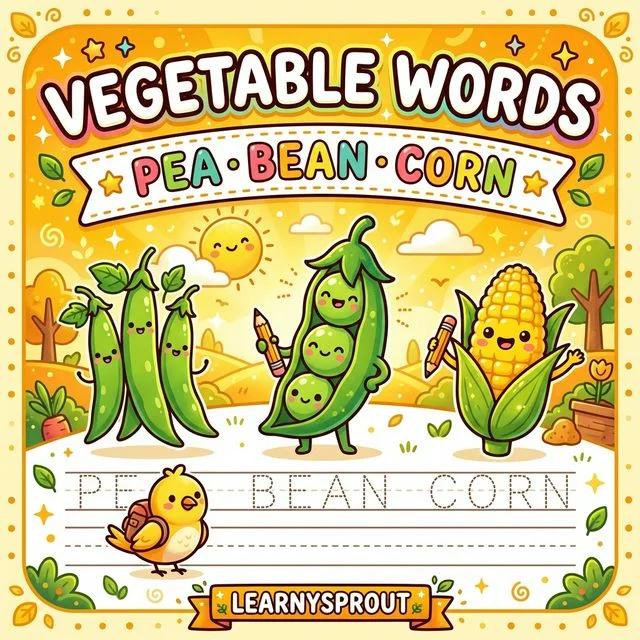 Vegetable Words Tracing — Pea, Bean, Corn