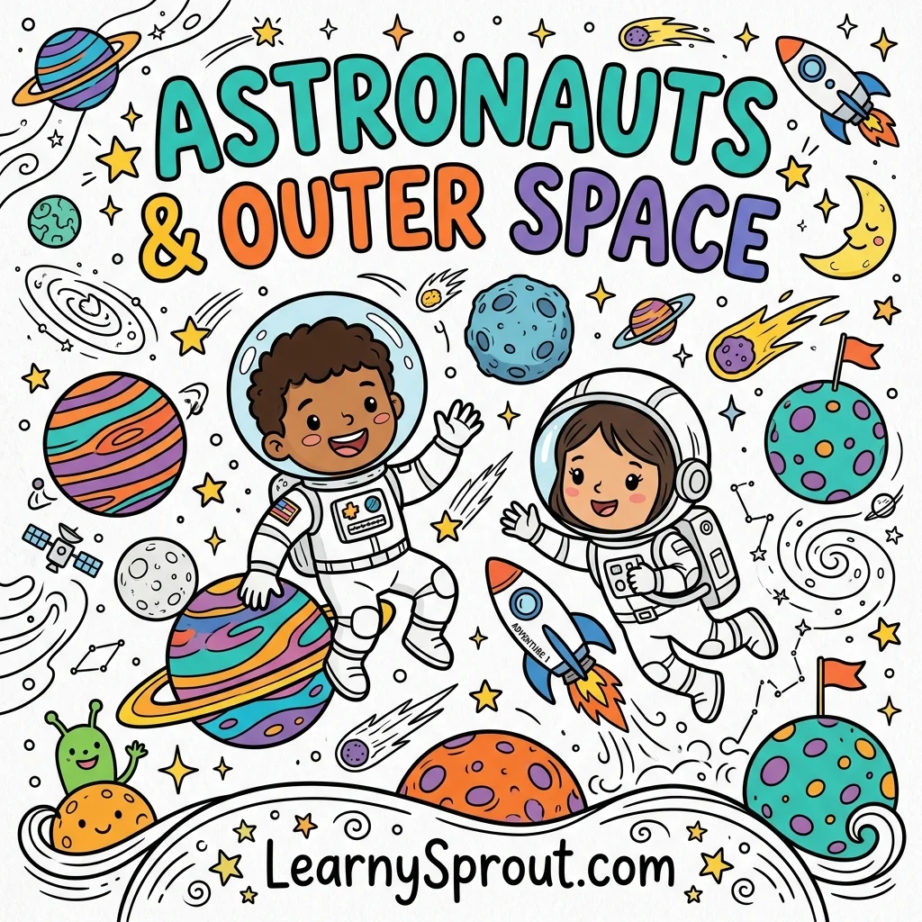 Astronauts & Outer Space Exploration Coloring Book Cover - Free Printable
