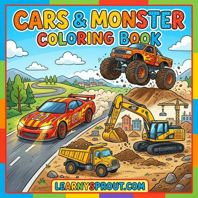 Cars & Monster Trucks Coloring Book — Vroom Vroom Fun — Free Printable Coloring Book for Kids