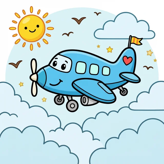 Cute cartoon airplane flying through clouds with sun coloring page