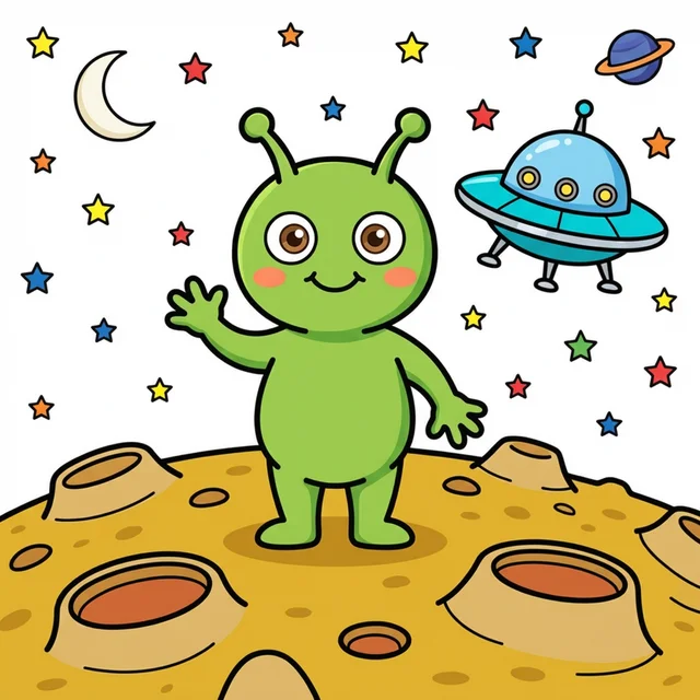 Cute alien standing on planet with UFO coloring page