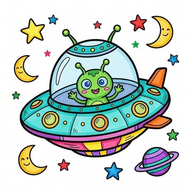 Alien spaceship flying saucer hovering in space with friendly little alien coloring page for kids — free printable