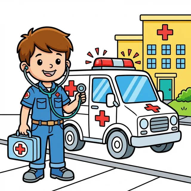 Kid paramedic with ambulance and hospital coloring page