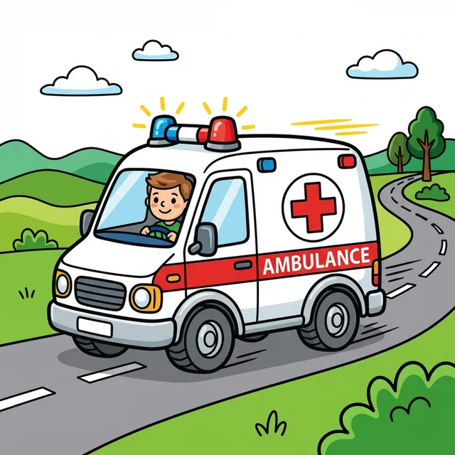 An ambulance rushing on a road with flashing lights coloring page.