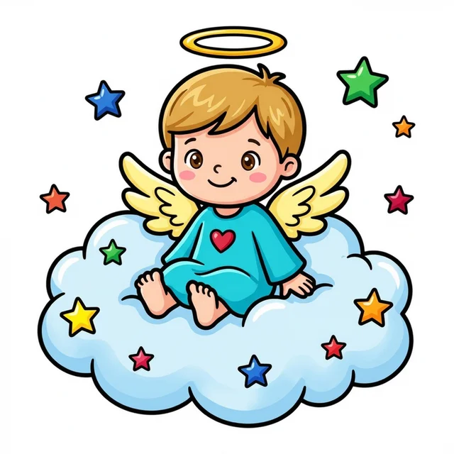 An angel with wings and halo sitting on a cloud with stars coloring page.