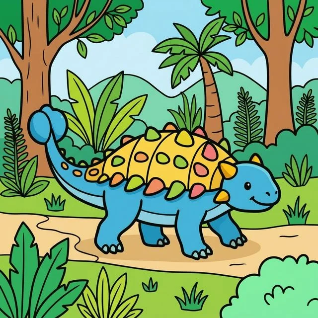 Ankylosaurus with armored plates and club tail in prehistoric forest coloring page for kids — free printable