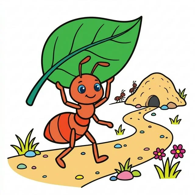 Ant carrying big leaf on dirt path near anthill coloring page for kids — free printable