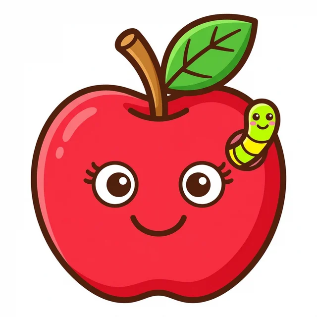 Cute smiling apple with worm coloring page for toddlers