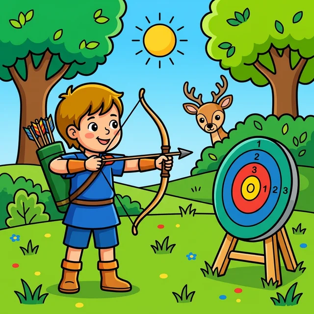 Kid archer aiming bow and arrow at bullseye target coloring page