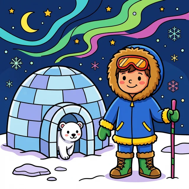 Kid arctic explorer next to igloo with polar bear cub coloring page